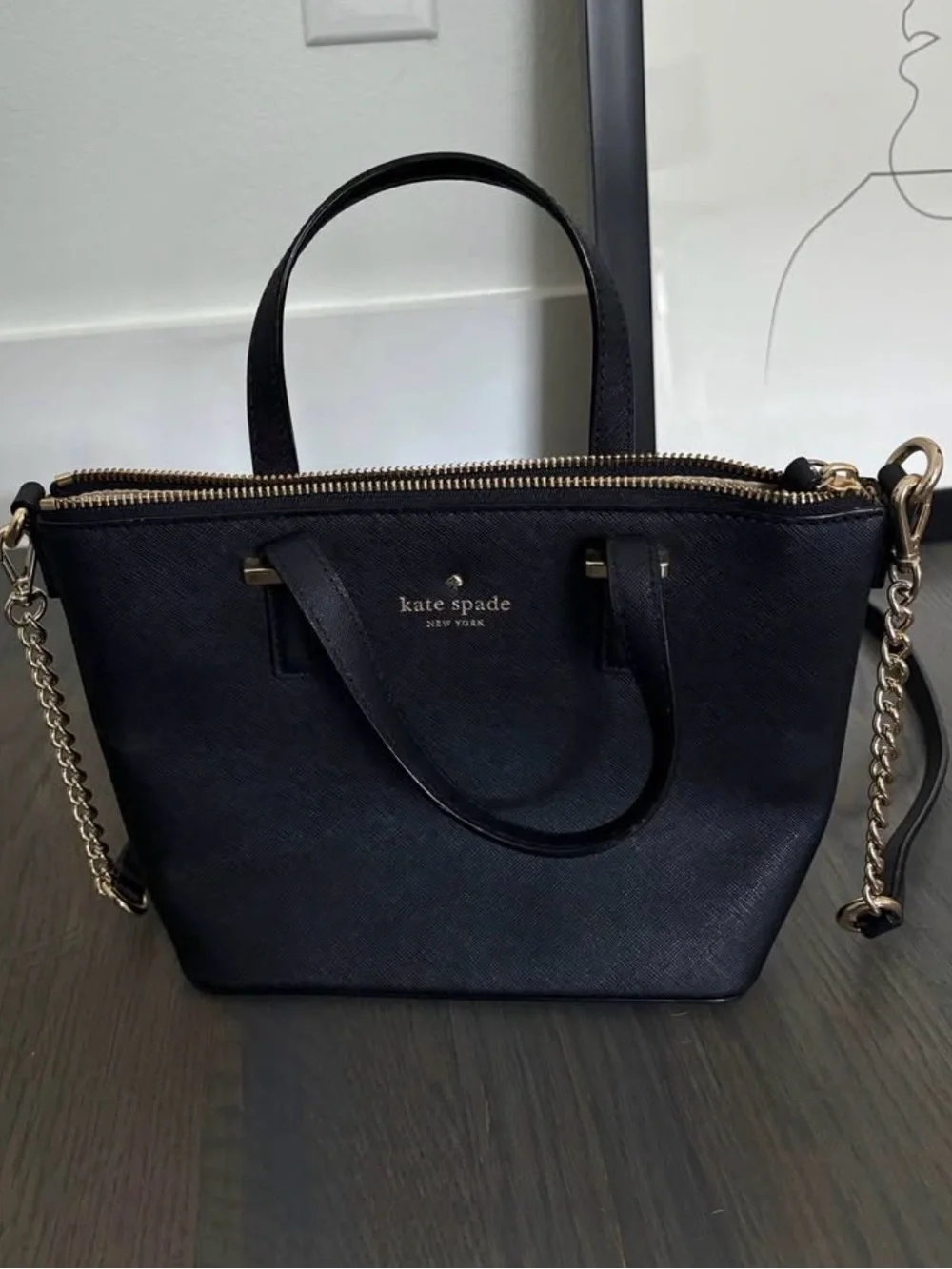 kate spade Black Leather Top-Handle Satchel with Gold Chain Strap